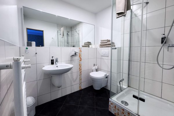 Modernes Badezimmer mit weißen Fliesenwänden und schwarzem Fliesenboden. Ausgestattet mit einem wandmontierten Waschbecken, einer Dusche mit Glastür, einer Toilette, einem großen Spiegel, gestapelten Handtüchern, einem Handtuchheizkörper, einem Toilettenpapierhalter, einem Seifenspender und einer Deckenbeleuchtung. Modernes Badezimmer mit weißen Fliesenwänden und schwarzem Fliesenboden. Ausgestattet mit einem wandmontierten Waschbecken, einer Dusche mit Glastür, einer Toilette, einem großen Spiegel, gestapelten Handtüchern, einem Handtuchheizkörper, einem Toilettenpapierhalter, einem Seifenspender und einer Deckenbeleuchtung.