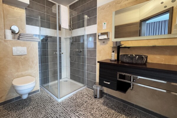 Modernes Badezimmer mit einer verglasten Duschkabine, einem wandhängenden WC, einem Boden in Granitoptik, hellbraunen und grauen Fliesenwänden, einem Waschtisch aus dunklem Holz mit einem Waschbecken aus Stein, einem Spiegel, Handtüchern und einem kleinen Mülleimer. Im Spiegelbild sind ein Raum und ein Fenster zu sehen. Modernes Badezimmer mit einer verglasten Duschkabine, einem wandhängenden WC, einem Boden in Granitoptik, hellbraunen und grauen Fliesenwänden, einem Waschtisch aus dunklem Holz mit einem Waschbecken aus Stein, einem Spiegel, Handtüchern und einem kleinen Mülleimer. Im Spiegelbild sind ein Raum und ein Fenster zu sehen.